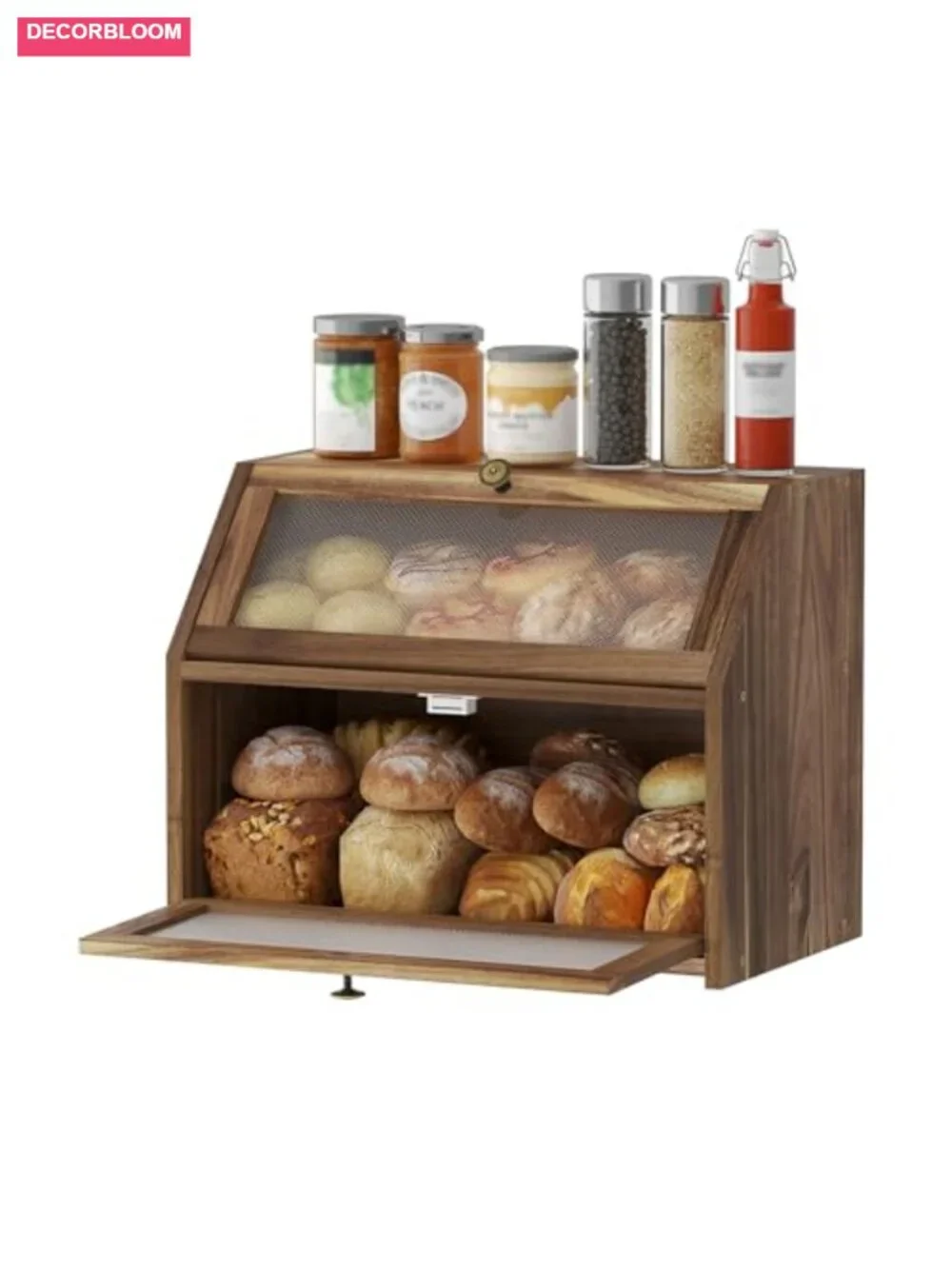 Double-Layer Acacia Wood Bread Box Farmhouse Storage Bin Large